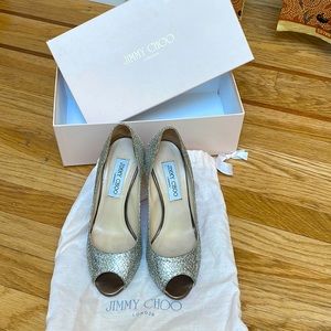 Silver glitter peep toe Jimmy Choo heels, size 36